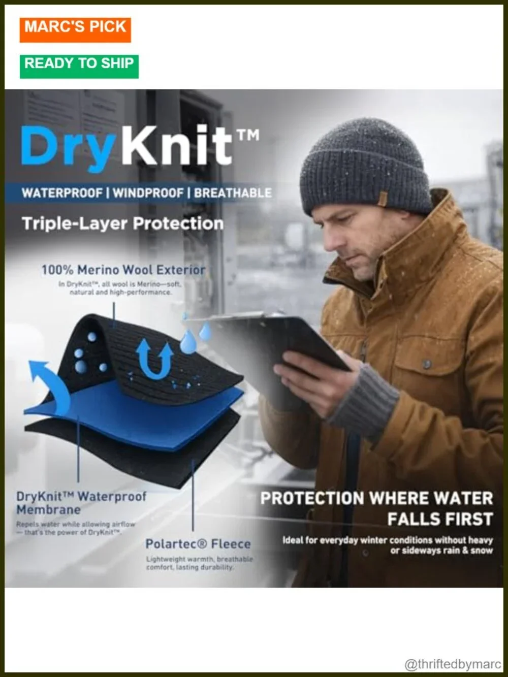 DryKnit Waterproof Merino Wool Beanie with Polartec Fleece Lining Big Head Fit
